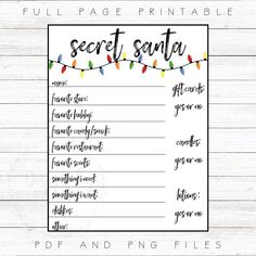 a printable secret santa list with christmas lights on the string and words below it