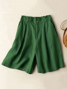 Vintage Solid Color Pleated High Waisted Shorts GREEN-3XL Linen Style, Daily Dress, Vintage Shorts, Khaki Green, Color Khaki, Polished Look, Outfits Casuales, Casual T Shirts, High Waisted Shorts