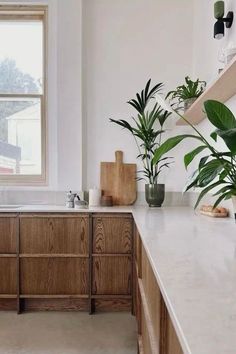 a kitchen with white counter tops and wooden cabinets next to potted plants on the window sill