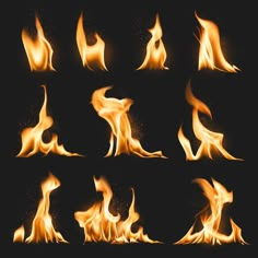 fire flames on a black background with different shapes and sizes, including the letter s