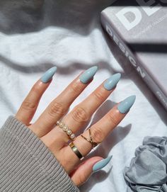 Light Blue Pointy Nails Blue Pointy Nails, Light Blue Nails Almond, Light Blue Almond, Light Blue Almond Nails, Nails Pastel Blue, Blue Nails Coffin, Blue Nails Almond, Pastel Blue Nails, Nails Pastel