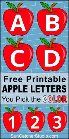 an apple themed alphabet poster with the letter b and three red apples on it, which are