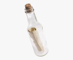 an empty glass bottle filled with sand and a cork on the top, against a white background