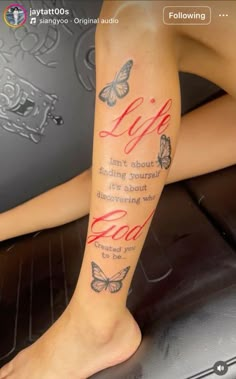 a woman's leg with butterflies on it and the words i love you written in red ink