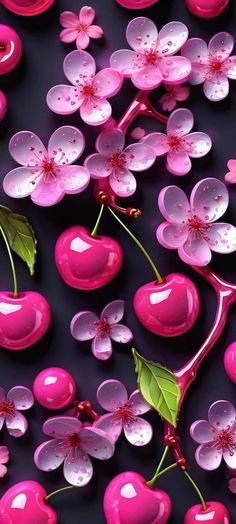 pink flowers and cherries on a black background