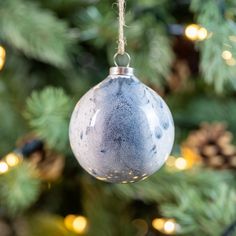 a glass ornament hanging from a christmas tree