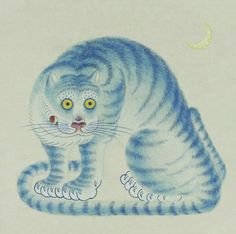 a drawing of a blue tiger sitting on top of a white surface with a half moon in the background