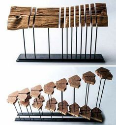 two pictures of wooden pieces on sticks and one is made out of wood with metal rods