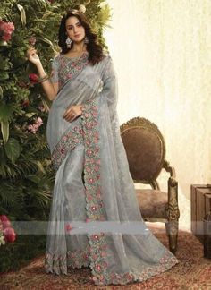 Latest Sarees Online, Saris Indian, Grey Saree, Designer Embroidery, Crystal Wedding Dress, Floral Print Sarees, Sarees With Price, Indian Designer Sarees, Fancy Saree