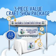 the 3 piece value craft show package includes three custom criss stitchs and one large white tablecloth