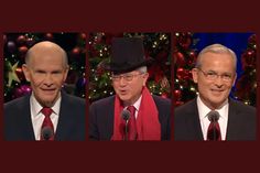 three men in suits and ties are on the set of a christmas show, one is wearing a top hat