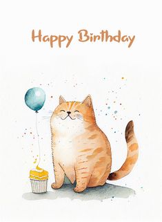 a watercolor painting of a cat holding a cupcake and a balloon with the words happy birthday written on it