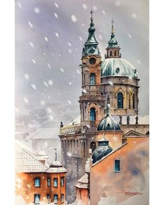 a watercolor painting of a church in the snow