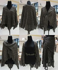 four pictures of a woman's shawl on display