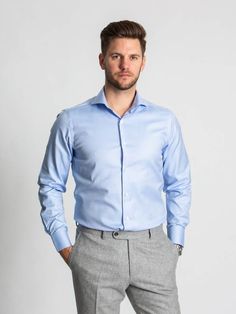 The All New Non-Iron Premium Shirt. We proudly present this shirt, with non-iron fabric. Blue Shirt Formal Outfit Men, Formal Shirt Outfit, Light Blue Formal Shirt, Formal Dress For Men, Mens Office Wear, Mens Work Outfits, Mens Business Casual Outfits, Shirt Outfit Men, Mens Office