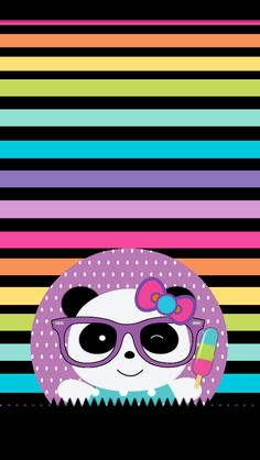 a panda bear wearing sunglasses and holding an ice cream cone in front of a colorful striped background