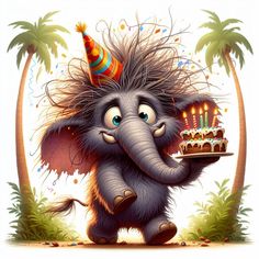 an elephant holding a cake with candles on it