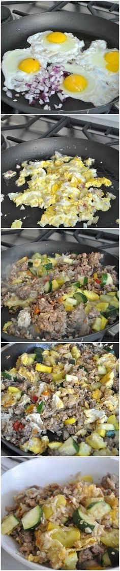 an assortment of food being cooked in pans on top of a grill with eggs and vegetables