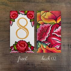 two cards with flowers and the number eight on them