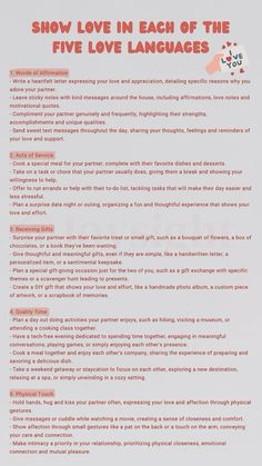 show love in each of the 5 love language The Different Love Languages, What Are The 5 Love Languages, Connect With Partner, All Love Languages, Words Of Affirmation Love Language Ideas, Connecting With Your Partner, Being A Better Partner, Different Types Of Love Languages, What Is My Love Language