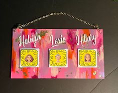 a pink and yellow sign with two pictures on it that says, happy ladies's birthday