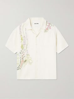 STORY MFG. Greetings Camp-Collar Embroidered Cotton and Linen-Blend Shirt for Men Designer Shirt Pattern For Men, Embroidered Mens Shirt, Shirt Embroidery Ideas For Men, Mens Embroidered Shirt, Filipino Shirts, Embroidery Shirt Men, Summer Camp Outfits, Mens Woven Shirts, 2024 Fits