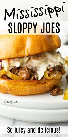 a close up of a sandwich on a plate with the words mississippi sloppy joes