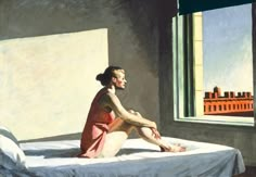 a painting of a woman sitting on a bed in front of a window looking out at the city