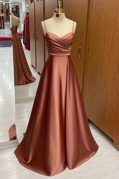 Satin Spaghetti Straps Lace-Up A-Line Bridesmaid Dress Prom Dress Ideas Simple, A-line Prom Dresses, Prom Dresses Under 100 Dollars, A Line Corset Dress, Prom Dress For Pale Skin, 8th Grade Dance Dresses Long, Prom Aesthetic Dresses, Elegant Fall Formal Dresses, Prom Dresses For Brunettes