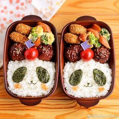 two bento boxes filled with rice, meat and veggies in panda faces