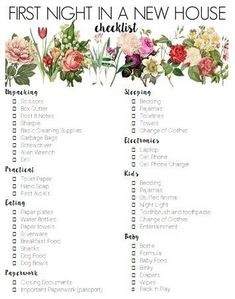 the first night in a new house checklist is shown with flowers and leaves on it