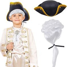 PRICES MAY VARY. Package Contents - Set A: 1*Colonial Black Tricorn Hat, 1* White Historical Colonial Costume Wig; Set B: 1*Colonial Black Tricorn Hat, 1* White Lace Jabot Cuffs Set Vintage Tricorn Gold Trim Hat - Colonial tricorn hat is black with ruffled gold trim, made of felt and measures 15.7", with a cap size that fits most teens, adults, and bigger kids Colonial Lace Jabot Cuffs Set - Material: Polyester and lace, it provides with soft and smooth texture, durable and classic appearance, t Colonial Wigs, Jabot Collar, Lace Cuffs, Costume Wigs, Wig Making, Costume Dress, Lace Design, Set Vintage, Costume Party