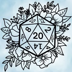 a black and white drawing of a d20 on a blue background surrounded by flowers