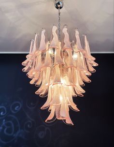 Huge Italian vintage Murano chandelier made by 52 petal glasses (PINK and white “lattimo”) with chrome frame. Petal Chandelier, Murano Chandelier, Italian Chandelier, Murano Glass Chandelier, Sputnik Chandelier, Pink Petals, Chrome Frame, Ethereal Beauty, Glass Chandelier