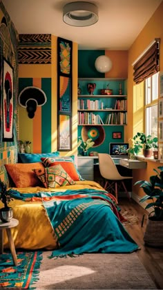 a bedroom decorated in bright colors with bookshelves, desk and bed linens