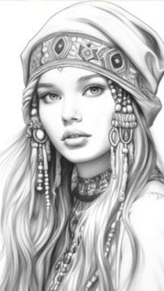 a pencil drawing of a woman with long hair and jewelry on her head, wearing a hat