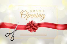 a red ribbon with a bow on it and scissors in the foreground, that says grand opening