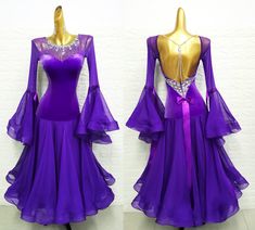 purple ballroom dress with long sleeves and beading on the neckline, front and back views