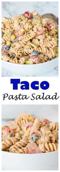 pasta salad in a white bowl with the words taco pasta salad on top and below