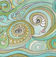 an artistic painting with swirls and spirals on the bottom, in green and blue