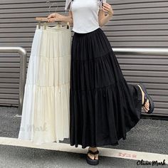 Olivia Mark - Chic Design Panel Midi Skirt with Long Flowy Hem Stylish Midi Skirt, Design Skirt, Midi Flare Skirt, Chiffon Overlay, Pleated Maxi Skirt, Skirt For Women, Pleated Maxi, Layered Skirt, Chiffon Skirt