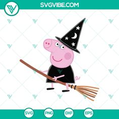 a cartoon pig flying on top of a broom