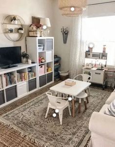 a living room filled with furniture and a flat screen tv on top of a wooden table