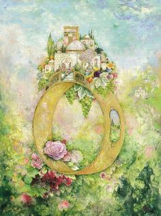 a painting with flowers and a castle in the middle on it's side, surrounded by greenery