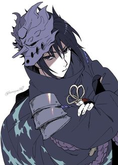 an anime character with long black hair wearing a blue coat and holding scissors in his hands