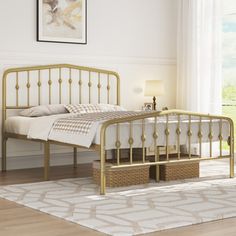 a gold metal bed frame with two baskets under the headboard and foot board, in a white bedroom