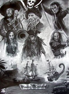 a drawing of pirates and their ship