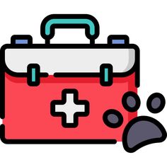 a red suitcase with a white cross on the front and black dots around it, next to a mouse