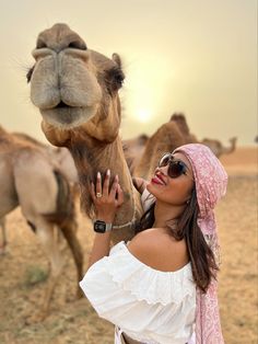 a woman is petting a camel while wearing sunglasses and a pink headdress