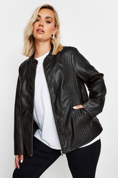 YOURS Plus Size Black Collarless Faux Leather Jacket Style With Jeans, Zip Design, Plus Size Coats, Plus Size Black, Clothing Trends, Faux Leather Fabric, Faux Leather Jacket, Edgy Look, Plus Size Womens Clothing